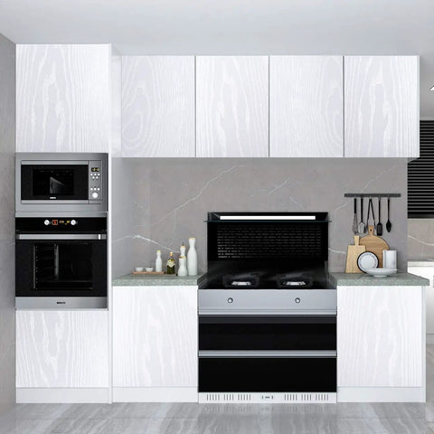 Kitchen cabinets covered with White Wood Peel and Stick Wallpaper Roll 15.8 x 394 Inches For Cabinets, Countertops, Desks, Dining Tables