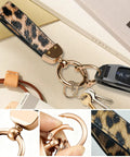 Boss Leopard Print Leather Keychain Car Key Holder Bag Charm Three In One Key Organizer with durable gold hardware.