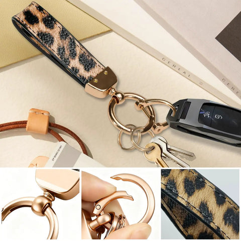 Boss Leopard Print Leather Keychain Car Key Holder Bag Charm Three In One Key Organizer with durable gold hardware.