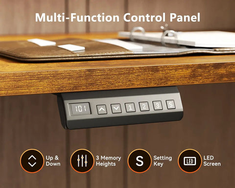 Control panel of Dope Electric L Shaped Standing Desk With 59 Inch Wide Top, Height Adjustable From 28.3 To 47.2 Inches, 3 Outlets And USB Type C, Full Monitor Stand, Reversible Corner Desk In Rustic Brown For Home Office And Computer Workstation