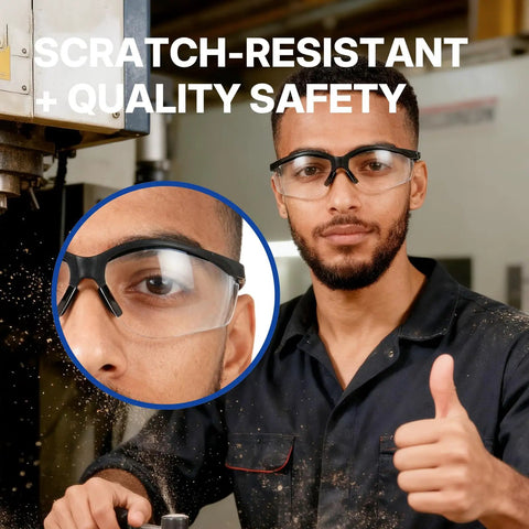 Real Deal ANSI Z87 Certified Safety Glasses featuring impact resistant anti fog and scratch resistant polycarbonate lenses worn by a worker.