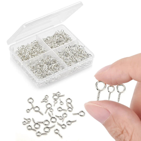 All Purpose Screw Eye Pins Set For Jewelry Making, 700Pcs, silver, in assorted sizes, shown in box with hand holding pins.