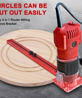 4 In 1 Router Milling Groove Bracket And Circle Cutting Jig Made Of Durable Aluminum Alloy with red trimmer on wooden board