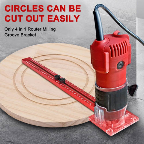 4 In 1 Router Milling Groove Bracket And Circle Cutting Jig Made Of Durable Aluminum Alloy with red trimmer on wooden board
