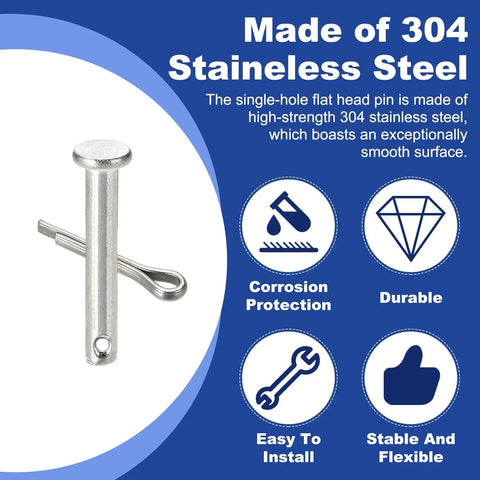 Rock Solid M4x25mm Clevis Pins With 304 Stainless Steel Cotter Pins, Single Hole Flat Head Hitch Fasteners For Trailer And Lawn Mower Jobs, No Sweat Setup 10 Pack, shown with smooth finish and corrosion protection.