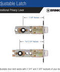 Diagram showing adjustable latch for Six Pack Satin Nickel Privacy Locking Wave Door Levers For Interior Doors, fits 2-3/8 to 2-3/4 inch backsets.