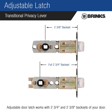Diagram showing adjustable latch for Six Pack Satin Nickel Privacy Locking Wave Door Levers For Interior Doors, fits 2-3/8 to 2-3/4 inch backsets.