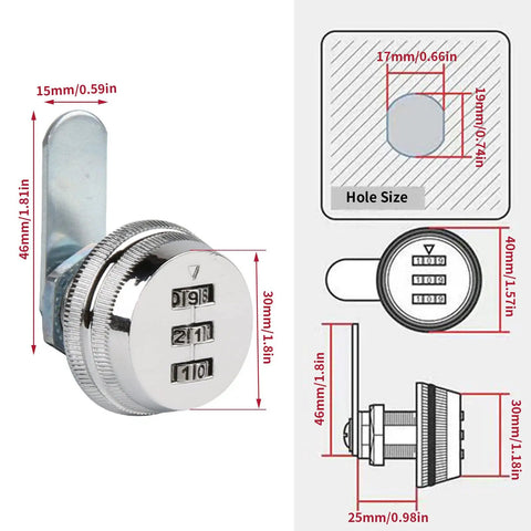 Diagram and dimensions of Six Piece Silver Combination Cam Lock Set For Cabinets And Drawers Built Tough Chrome Zinc Alloy Password Locks