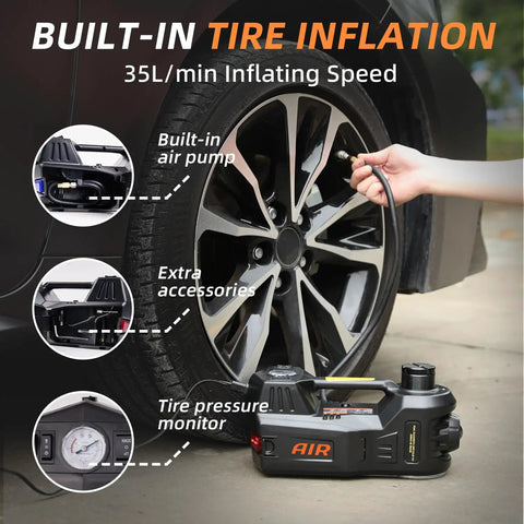 5 Ton 12V Electric Car Jack With Dual Motors, Hydraulic Lift, Built In Inflator And Impact Wrench, Quick Tire Inflation, Non Slip Cross Groove Base, Adjustable Height 5.9 To 17.7 Inches, Stable And A Real Beast Of A Tool., car tire inflator with pressure gauge