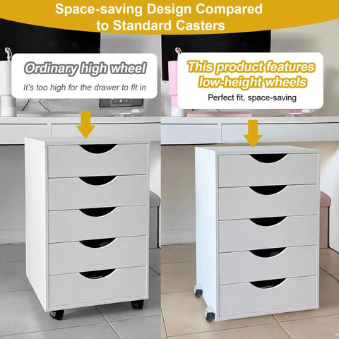 Comparison of ordinary high wheels and 2 Inch Low Profile Caster Wheels For Trundle Bed, Cabinet Roll Out Bed, And Drawer With Screws 4 Pack, installed on drawers.