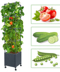 Raised Garden Bed Planter Box With Trellis And Wheels Self Watering System 57 Inch Tomato Cage filled with climbing plants