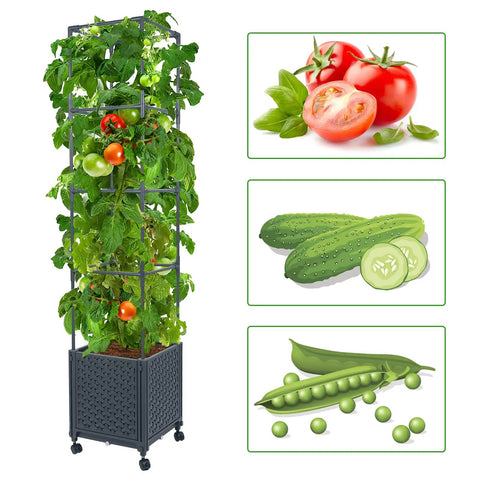 Raised Garden Bed Planter Box With Trellis And Wheels Self Watering System 57 Inch Tomato Cage filled with climbing plants