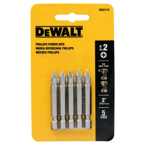 Heavy Duty Number 2 Phillips Power Bits Set, 2 Inch, 5 Pack on yellow packaging, visible built-to-last shock-resistant steel