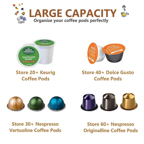 Large Capacity Coffee Pod Organizer With Bamboo Lid For Keurig Nespresso K Cups, displaying different compatible coffee pods.