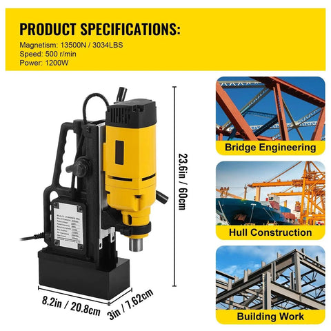 1200W Portable Magnetic Drill Press For Heavy Duty Steel Drilling 23mm Core Bit Capacity 550 RPM Max Boring Speed specifications image