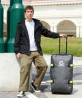 Gonex rolling duffle bag with wheels, gray nylon with neon-green straps and extended telescopic handle, logo visible