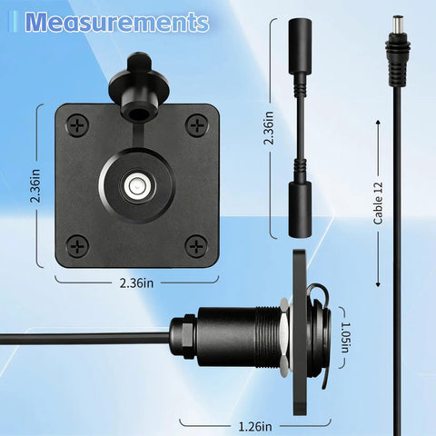 Rugged Aluminum DC Bulkhead Cable Pass Through Kit measurements shown with panel mount connector dimensions labeled