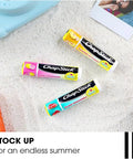 Sweet Watermelon Lip Balm Trio, Peaches And Cream Lip Balm, Pink Lemonade Lip Balm, Moisturizing Lip Care For Soft Supple Lips, 0.15 Oz Each, Three Pack, Perfect Beach Bag Essential For Summer Vibes, laying on sand with watermelon slice.