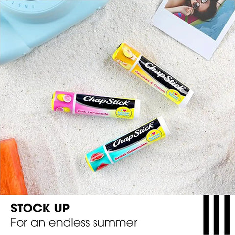 Sweet Watermelon Lip Balm Trio, Peaches And Cream Lip Balm, Pink Lemonade Lip Balm, Moisturizing Lip Care For Soft Supple Lips, 0.15 Oz Each, Three Pack, Perfect Beach Bag Essential For Summer Vibes, laying on sand with watermelon slice.