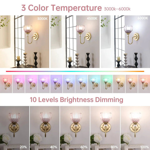 Pair Of Vintage Battery Powered Wall Sconces With Massive 5000Mah Cell And Smart Remote Dimmable Tulip Pink Shades showing color temperatures and brightness levels.