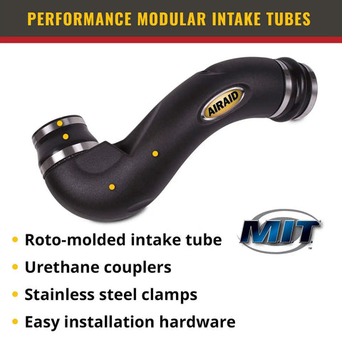 Modular Intake Tube Kit For Stock Air Box Or Performance Air Filter, Installs In Minutes With Simple Hand Tools, Includes All Hardware, black roto-molded intake tube with couplers and clamps