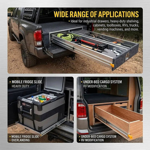 Truck with Beefy Heavy Duty Drawer Slides With 500 Lb Capacity, Full Extension Ball Bearing Rails, tools and equipment.