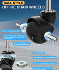 Heavy Duty Rollerblade Office Chair Wheels Replacement Set Of 5, 2 Inch Rubber Casters Designed For Carpet Or Hardwood Floors, Universal Standard Stem Fit, Loaded To Carry Up To 2000 Lbs Without Skipping A Beat, Glides Smooth And Silent Daily - Close-up of ball style caster wheel, showcasing stainless steel bearings and polyurethane material.