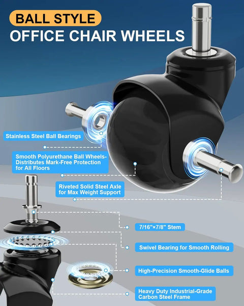 Heavy Duty Rollerblade Office Chair Wheels Replacement Set Of 5, 2 Inch Rubber Casters Designed For Carpet Or Hardwood Floors, Universal Standard Stem Fit, Loaded To Carry Up To 2000 Lbs Without Skipping A Beat, Glides Smooth And Silent Daily - Close-up of ball style caster wheel, showcasing stainless steel bearings and polyurethane material.