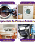 Collage showing uses of Piezo Disc Transducer Set With Wires 32Pcs 4 Sizes in guitar pickups, appliances, alarms, and industrial tools.