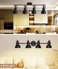 Four Light Black Industrial Track Lighting Fixture With E26 Base for ceiling and wall mount in kitchen and living room