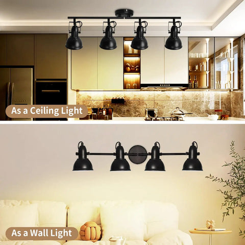 Four Light Black Industrial Track Lighting Fixture With E26 Base for ceiling and wall mount in kitchen and living room