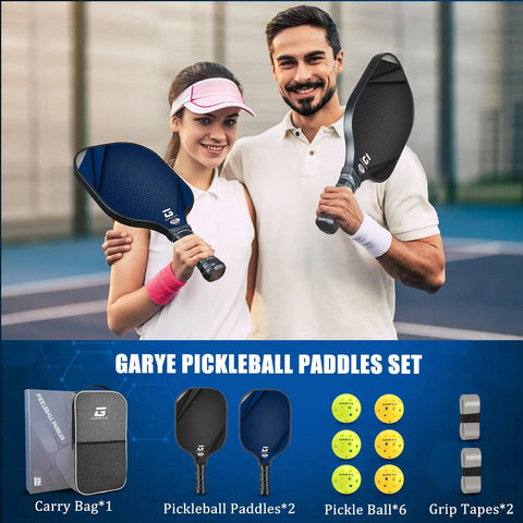 USAPA Approved Carbon Fiber Pickleball Paddles Set For Men And Women displayed with paddles, balls, bag, and grip tapes on court.