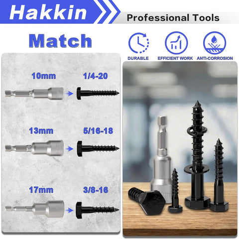 202-Piece Hex Lag Screws Kit With 304 Stainless Steel Black Oxide Bolts, washers, and hex socket drivers with size indications