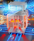 Top Shelf Heavy Duty Portable Evaporative Air Cooler With Six Blade Turbine And 3000W Motor showcasing airflow illustrations in a warehouse.