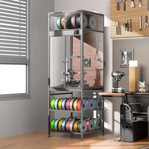 Enclosed 3D Printer Cabinet With 48 Spool Filament Storage, Ventilated Enclosure, Built In LED Light shown in workshop setting.