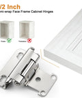Heavy Duty Self Closing Cabinet Hinges Twenty Five Pairs Brushed Nickel Face Mount With Semi Concealed One Half Inch Overlay For Kitchen Cupboards Built Tough No Sweat Setup Guaranteed - close-up of semi-wrap face frame hinge.