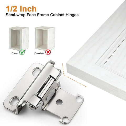 Heavy Duty Self Closing Cabinet Hinges Twenty Five Pairs Brushed Nickel Face Mount With Semi Concealed One Half Inch Overlay For Kitchen Cupboards Built Tough No Sweat Setup Guaranteed - close-up of semi-wrap face frame hinge.