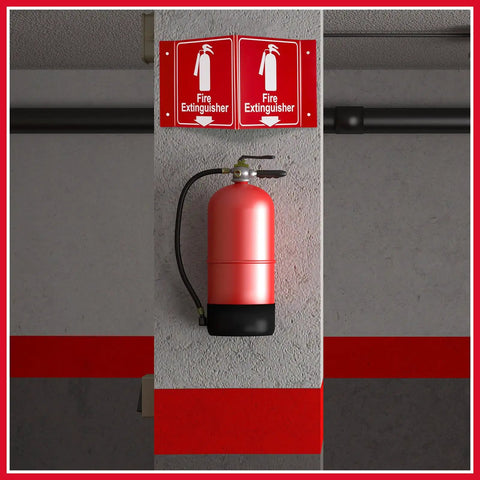 8 Pack 3D Fire Extinguisher Signs With Down Arrow For Easy Emergency Guidance, Double Sided Acrylic V Sign installed above extinguisher
