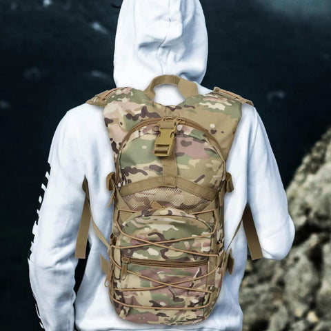 Person wearing Rugged Mountaineering Backpack With Large Capacity And Multiple Compartments Heavy Duty Oxford Cloth Travel Bag