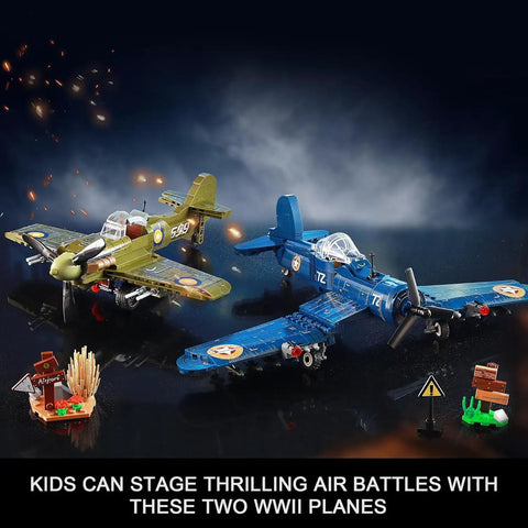 Brick Compatible WW2 Fighter Plane Building Kit Set Build Epic US F4U Corsair And UK Spitfire with realistic details, night scene.