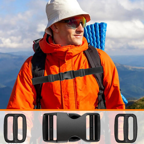 8 Pack 1 Inch Quick Release Side Release Buckles for Straps and Nylon Webbing, Includes 16 Slide Clips, installed on a hiking backpack
