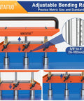 Adjustable metal roofing edge roller bender demonstrating precise metric and standard size adjustments for accurate bending.