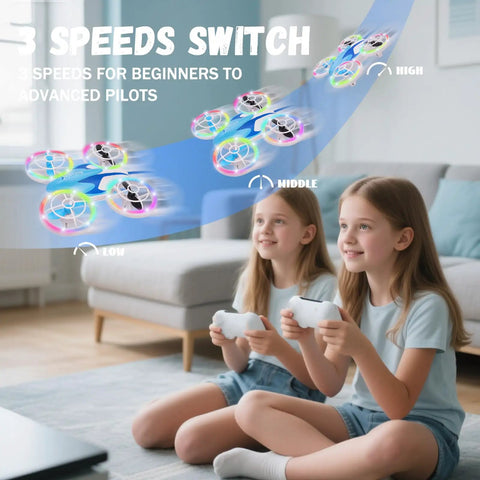 Kids playing with blue Kids Mini Drone For Newbies With Headless Mode And Altitude Hold Colorful LED Neon Lights Full Propeller Guards indoors.