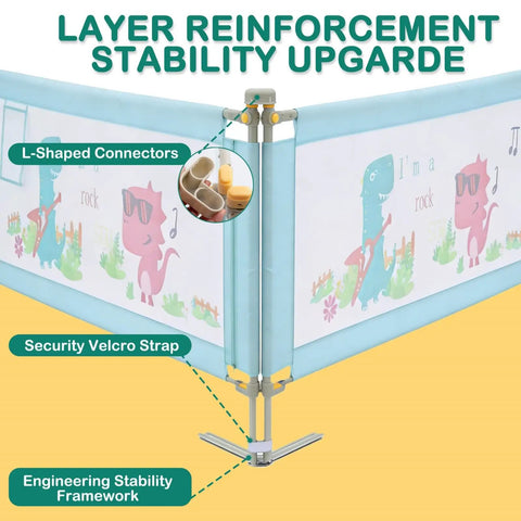 Bed Rail For Toddlers And Kids Twin To Cal King Mattresses With Swing Down Guard Blue Dinosaur 3 Sides For Cal King shown with L-shaped connectors and security Velcro strap.