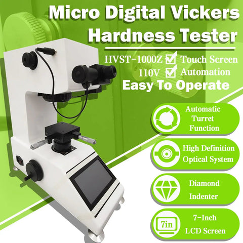 Heavy Duty Automatic Turret Digital Vickers Hardness Tester With Precision Touchscreen Display For Metal Steel Analysis showing touchscreen and turret.