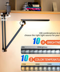 LED Desk Lamp With 10 Color Modes 2700K To 7000K Stepless Dimming Architect Clamp showcasing brightness and color options