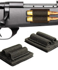 Two Round Rifle Cartridge Holder With Hook And Loop Fastener And Adhesive Backing For Buttstock Or Side Mount Fits 6.5 Creedmoor 223 308 30 06 Calibers Two Bullet Holders With Two Extra Reserves For Quick Access In The Field shown on a rifle.