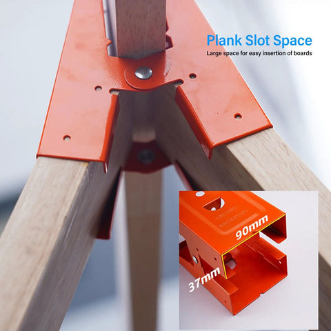 Heavy Duty Cut Off Saw Horse Brackets 2 Pack Cold Rolled Steel Mechanical Workbench Jacks showing large plank slot space.