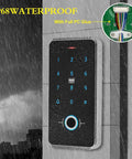 All In One Access Control System Kit With Fingerprint, RFID Card, And Password Keypad, IP68 Waterproof, mounted on outdoor wall.