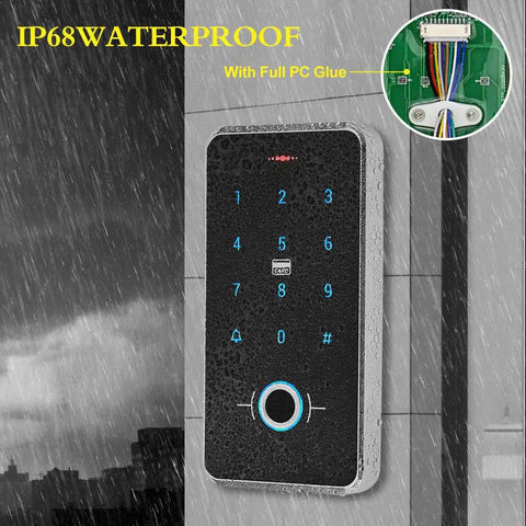All In One Access Control System Kit With Fingerprint, RFID Card, And Password Keypad, IP68 Waterproof, mounted on outdoor wall.